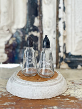 Load image into Gallery viewer, etched glass salt &amp; pepper shakers with lids
