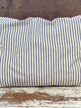 Load image into Gallery viewer, blue ticking pillow, some light staining/vertical stripes
