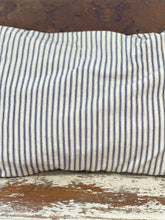 Load image into Gallery viewer, blue ticking pillow, some light staining/vertical stripes

